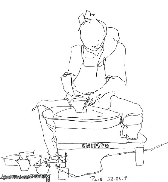 Line drawing of Alice Elleboode at the potter’s wheel, by Véronique Serfass